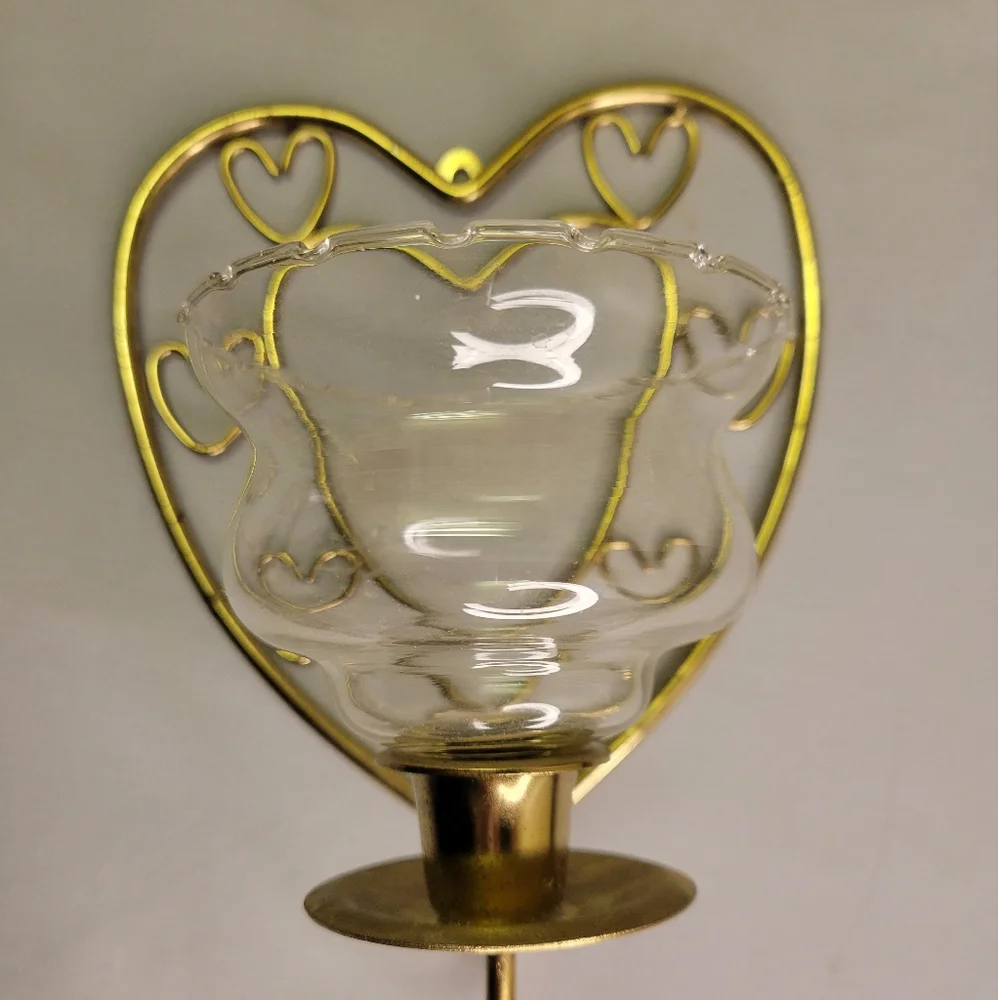 2 Vtg Candle Holders Wall Mount Heart Shaped Brass Clear Glass Shades